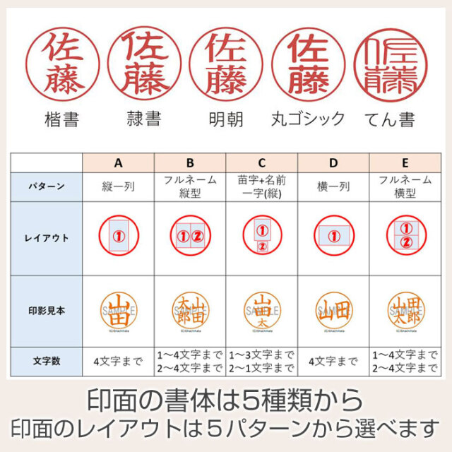 印面の書体は5種類から・印面のレイアウトは５パターンから選べます