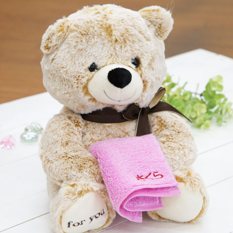 名入れ刺繍タオル なでしこ　ポケットタオル ＆ くまのマックスを誕生日や結婚祝いに