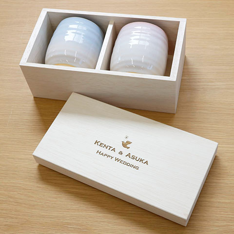 オリジナル木箱入り 萩焼 つぼみ ペア湯呑み　Laser[手描き・オリジナルデザイン]