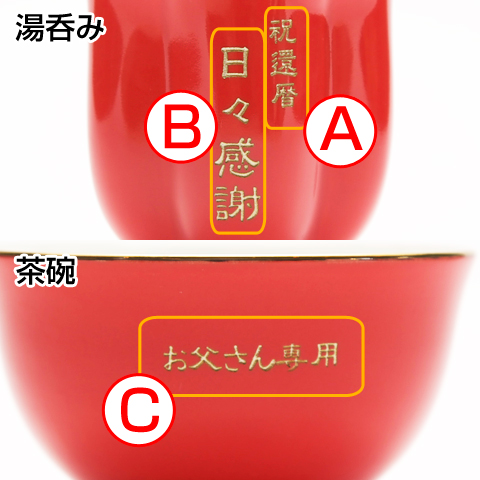 還暦祝いのプレゼントや長寿のお祝いに名入れ長寿祝い 茶碗・湯呑みセット朱色