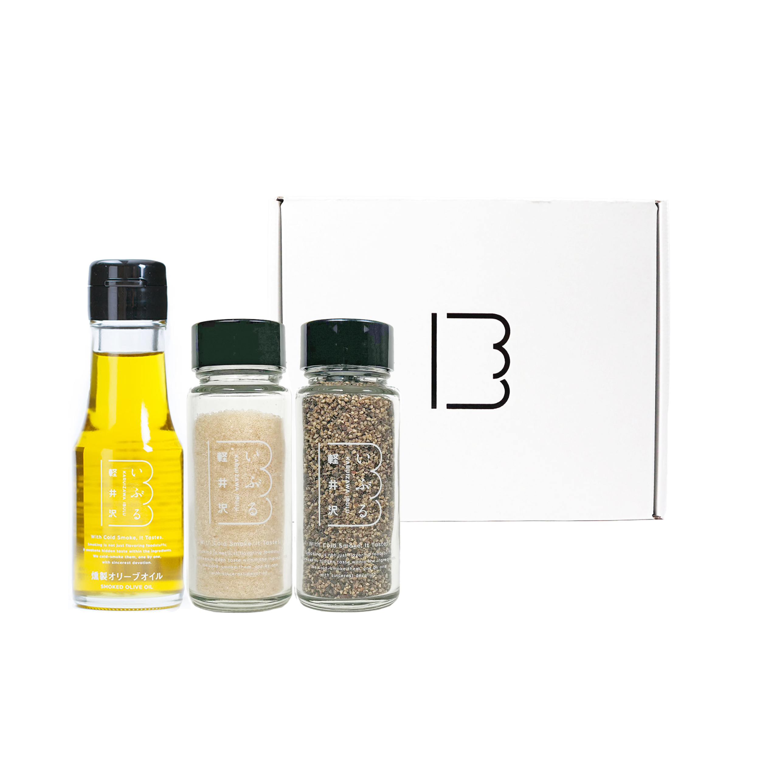 燻製が初めての方に。調味料3種セット（岩塩・オリーブオイル・黒胡椒）