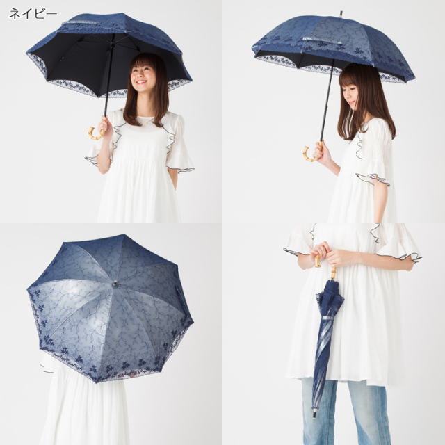 CHikazawa 近沢レース UV加工 日傘 長日傘 レース 花柄 ブルー