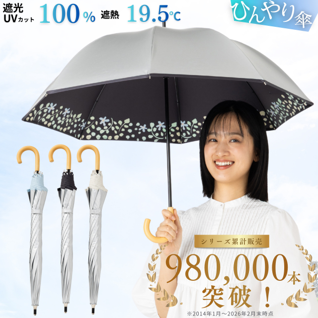 UV 晴雨兼用ショート傘 水彩風花柄 シルバー 50cm ひんやり傘 LIEBEN-1801