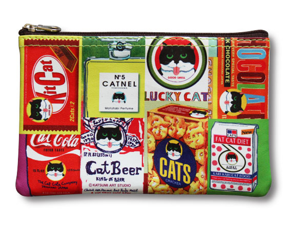 【猫柄】カツミアート（松下カツミ）猫柄ポーチ：パッケージパロディー