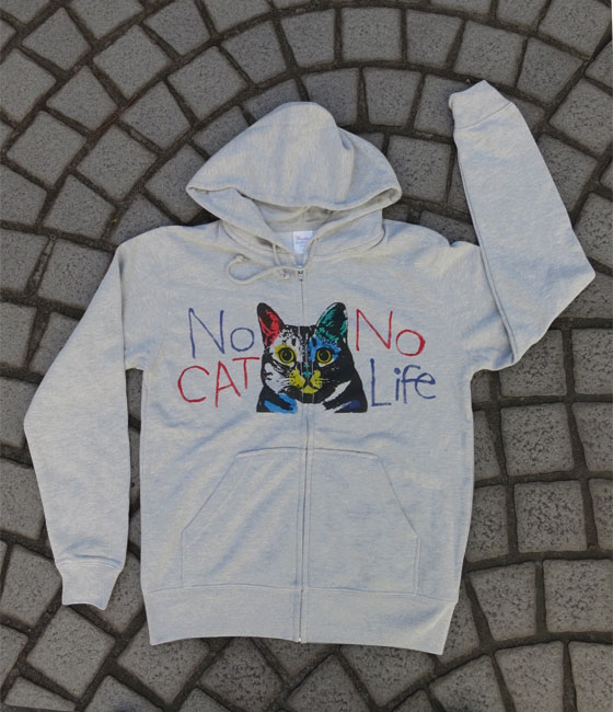 【猫柄】カツミアート（松下カツミ）メンズパーカー：アンディ Bタイプ（フロントジッパーつき）