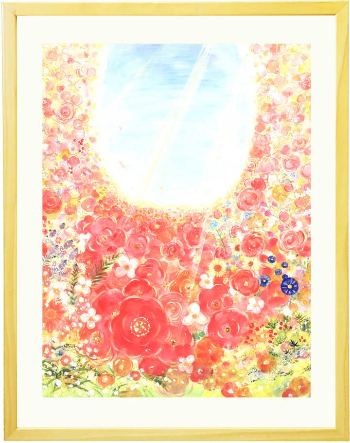 おしゃれで明るいピンクの花畑と空の絵画