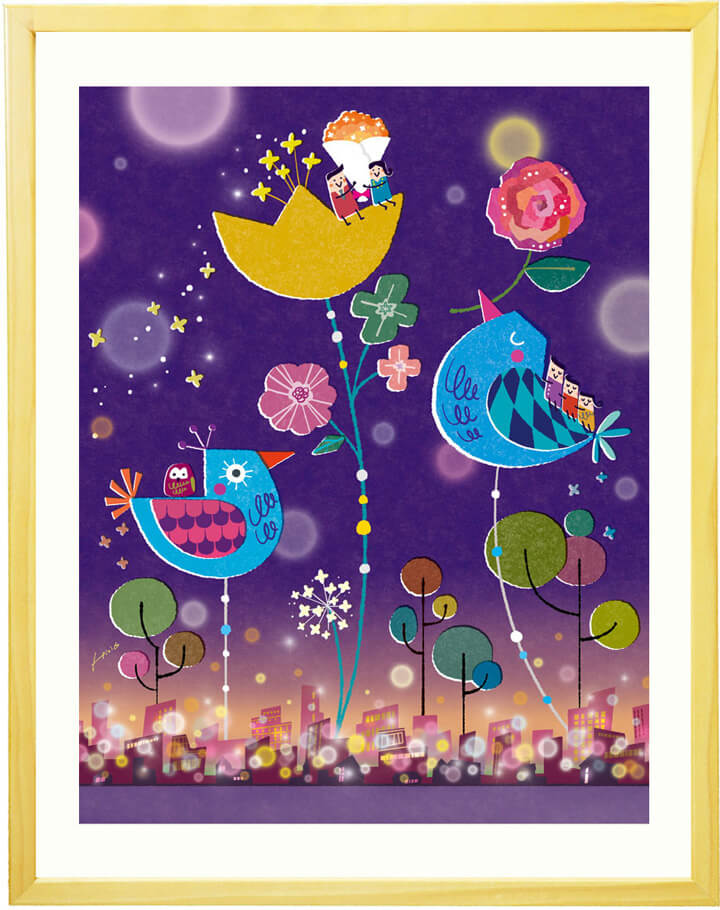 梟・フクロウの絵画・縁起がいい絵・米寿祝い・傘寿・古希祝い(紫・紺色)