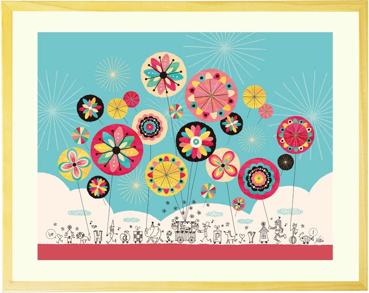 おしゃれな線画とカラフルな花火の絵画「幸せのパレード」Kellie