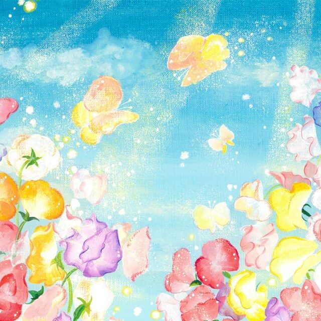 絵画 「春風にのって」 (Denny Horimizu) 《スイートピーの絵画》