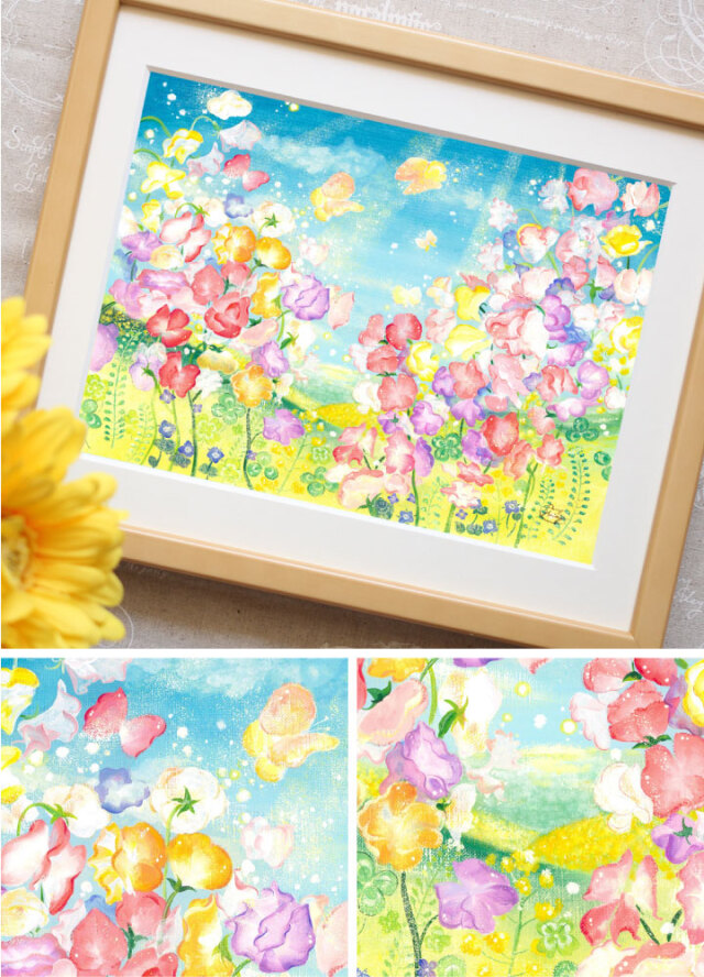 絵画 「春風にのって」 (Denny Horimizu) 《スイートピーの絵画》