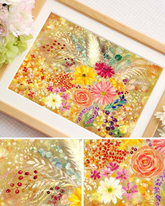 絵画 「花実 ~hanami~」 (Denny Horimizu) ※こちらの絵は、秋の誕生花のガーベラ、リンドウ、バラが入り、「実りの秋」をイメージした華やかな絵です