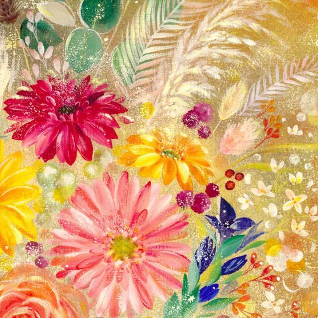 絵画 「花実 ~hanami~」 (Denny Horimizu) ※こちらの絵は、秋の誕生花のガーベラ、リンドウ、バラが入り、「実りの秋」をイメージした華やかな絵です