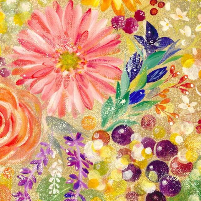 絵画 「花実 ~hanami~」 (Denny Horimizu) ※こちらの絵は、秋の誕生花のガーベラ、リンドウ、バラが入り、「実りの秋」をイメージした華やかな絵です