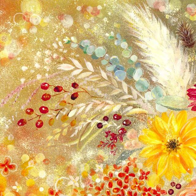 絵画 「花実 ~hanami~」 (Denny Horimizu) ※こちらの絵は、秋の誕生花のガーベラ、リンドウ、バラが入り、「実りの秋」をイメージした華やかな絵です