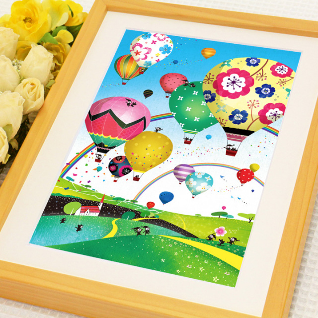 可愛い絵画額入り・風水画・朝・夏に合う絵・可愛い・気球・空の絵