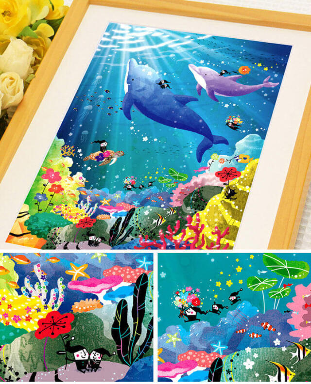 絵画 「海の歌」 (ヒヂリンゴ・聖) 《 イルカの絵画 》