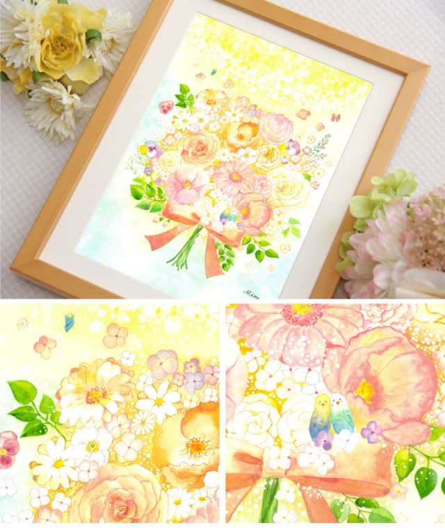 絵画 花束 「光 ～ hikari ～」 水彩画 バラ 癒し 幸せ 玄関 風水