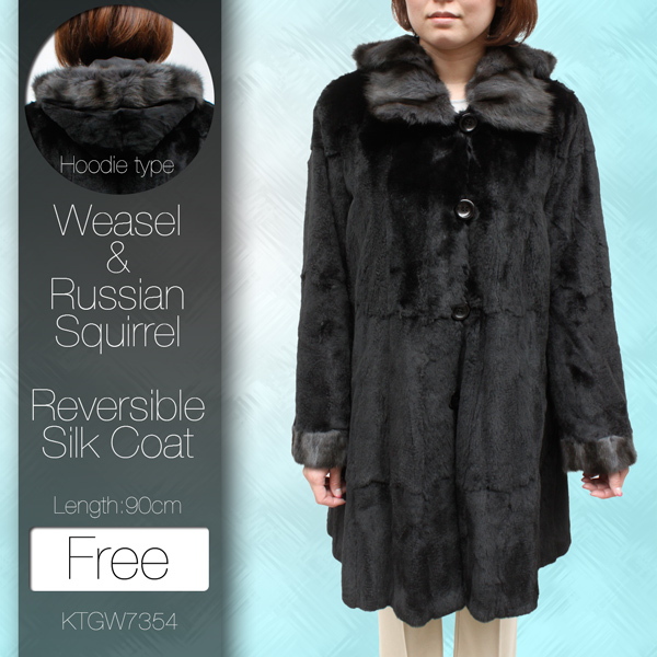 レディース 毛皮コート シルク＆ロシアンセーブル リバーシブル フード付き ファーコート 7354