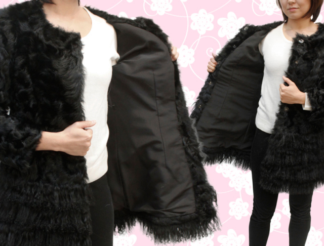 カルガンラム ノーカラー ファー ジャケット ラム リアルファー 毛皮  