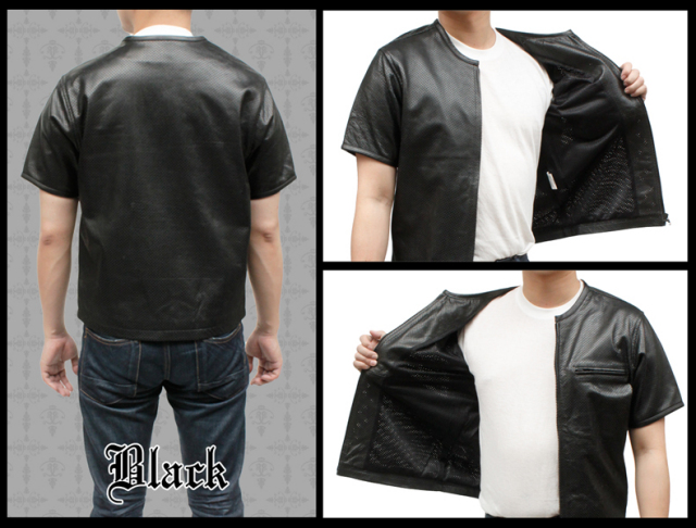 パンチングレザーTシャツ ブラック、ライダースジャケット、革