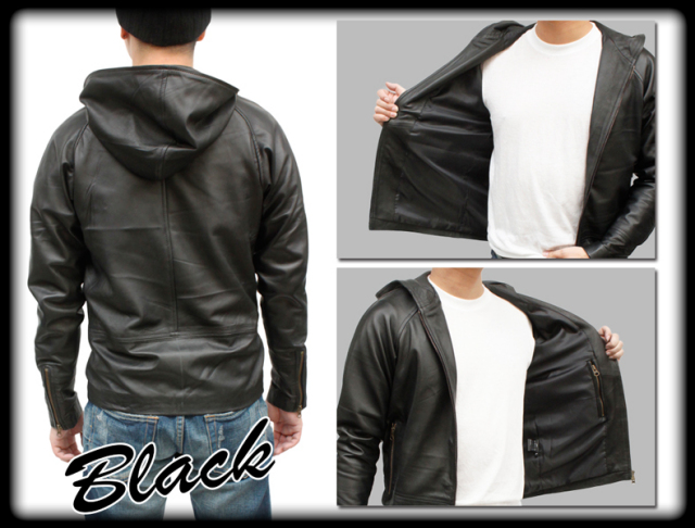 革ジャン メンズ ラム革 ダブルジップ フード パーカー レザージャケット 5195