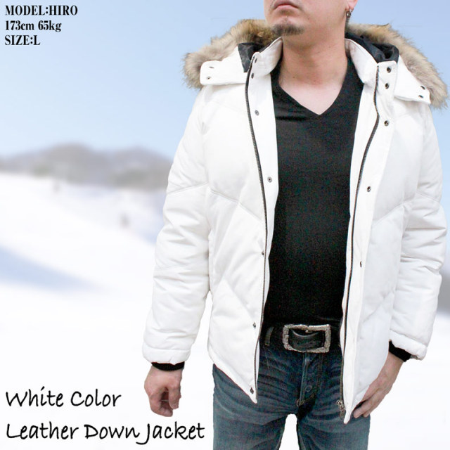 ダウンジャケット メンズ ラム革 フード付き ダウン レザージャケット ホワイト