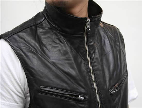 スタンドカラー ラムレザーベスト 6200