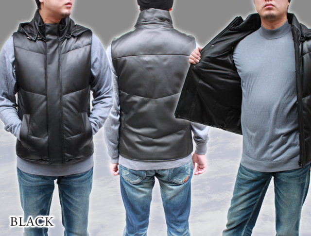 ラム革 ダウンベスト フード付き メンズ キャメル M/ 6619