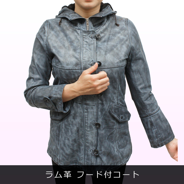 フード付きラムレザーコート 6955