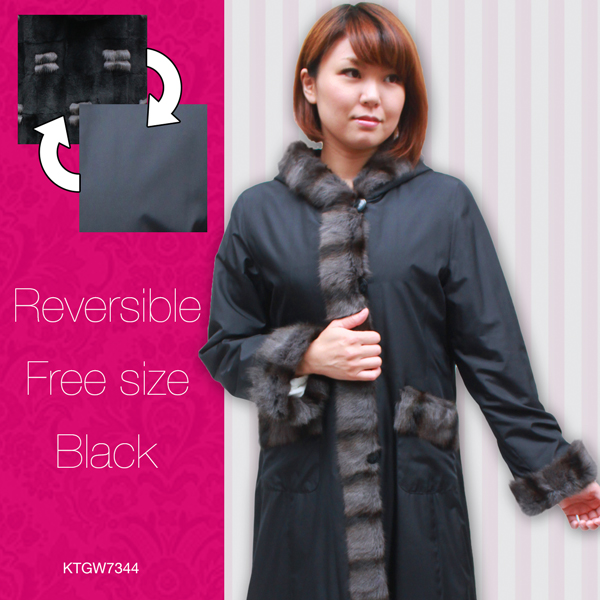 レディース 毛皮ジャケット シルク＆ウィーゼル・ロシアンリス フード付き リバーシブル ファージャケット 7344