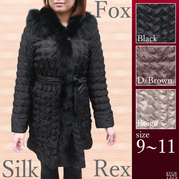 レディース ファーコート シルク・FOX・レッキス フード付き スタンドファーコート 7375