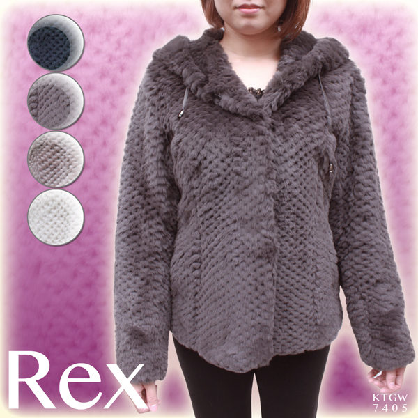 レッキス パンチング加工 毛皮ジャケット フード付き レディース ネイビー/グレー M/L 7405