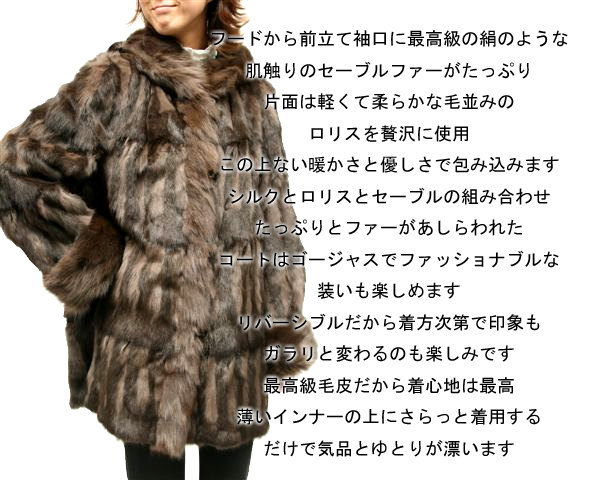 シルク＆ロリスセーブルフードリバーシブル毛皮コート7535