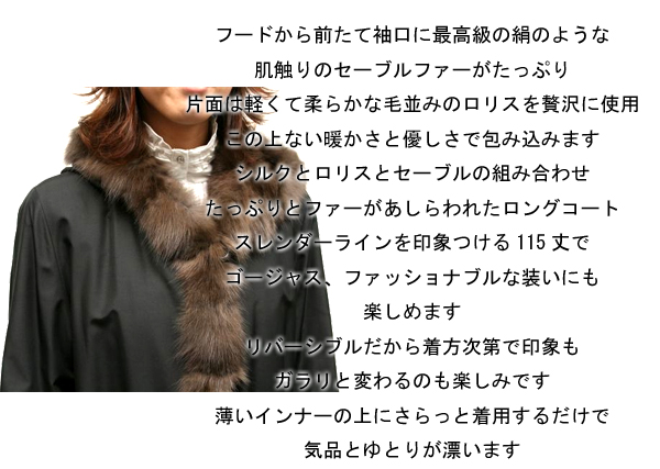 シルク＆ロリスセーブルフードリバー毛皮ロングコート7536