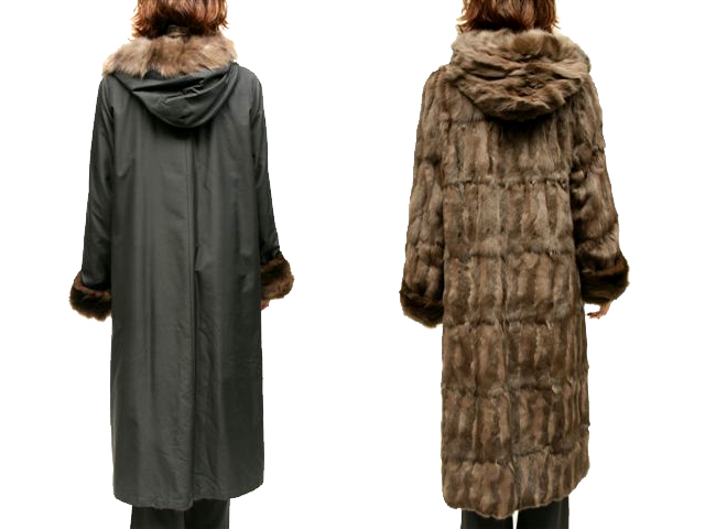シルク＆ロリスセーブルフードリバー毛皮ロングコート7536