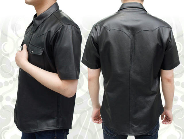 皮シャツ　【　メンズ　レザーシャツ　】　日本製　新品　メンズ カウ革　半袖シャツ7665