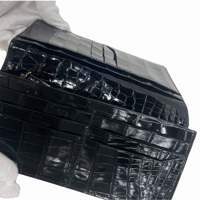 クロコダイル 財布 長財布 本物 ブラック ラウンド シャイニング加工 クロコダイル 長財布 シャイニング加工 小銭入れ付き