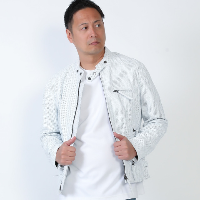 ラム革 パンチング シングルライダースジャケット メンズ 本革 春夏