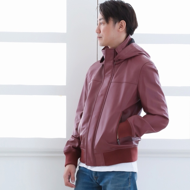 ジャンルイシェレル　ノーカラーシングルジャケット　　ラムレザー　スカイブルー レザーブルゾン メンズ 本革 革ジャン レザージャケット