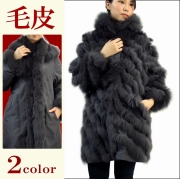 フォックス シルク スタンドカラーコート リバーシブル 取り外し可能なフード付き ブラック/グレー フリーサイズ 7999