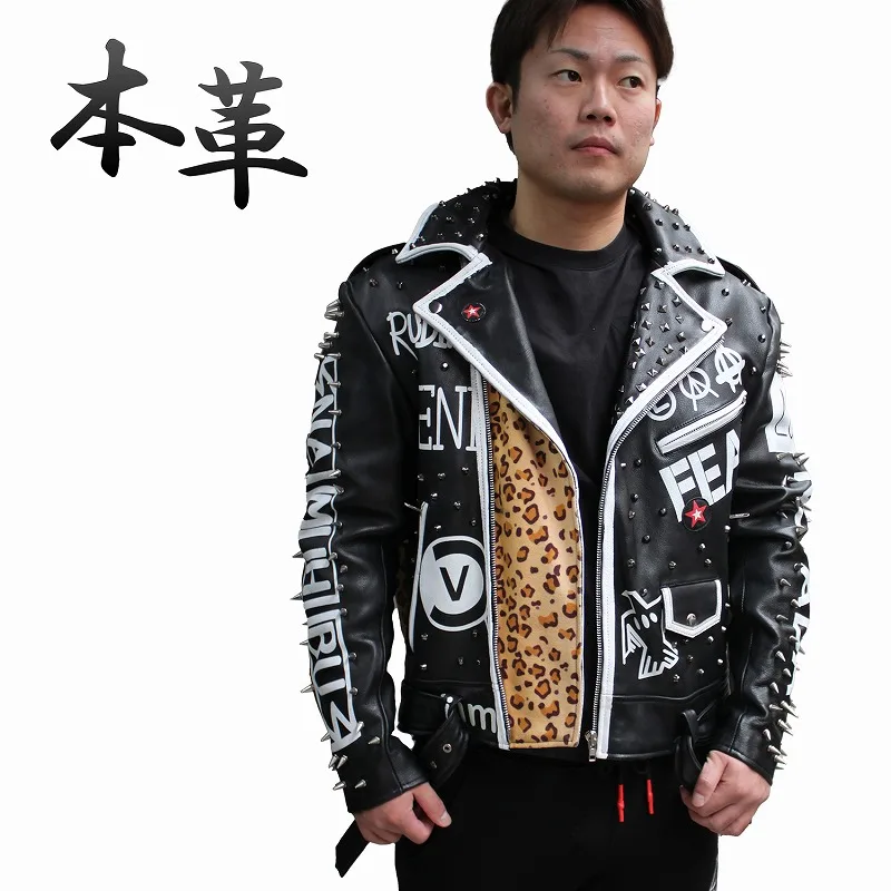 鋲ジャン メンズ スタッズ付き ロックスター レザージャケット ヒョウ柄 パンク メタル ハードロック  MLRJ-RS