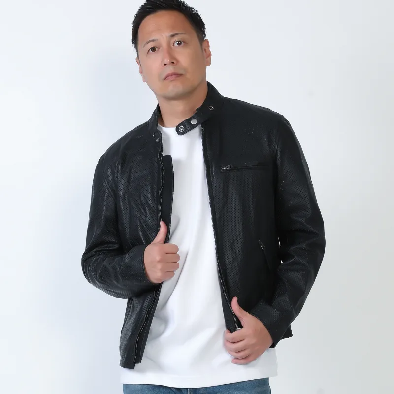 Mo-LAWZ パンチング シングルライダースジャケット メンズ 本革 ラム革 メッシュ 革ジャン レザージャケット ブラック ホワイト 黒 白 春 夏 mlrj0111p M/L/LL/3L/4L/5L