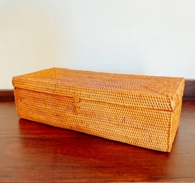 アタ製・ふた付きカトラリーケース（28cm×12cm×高さ8cm／蝶つがい付き／平編み）AT260