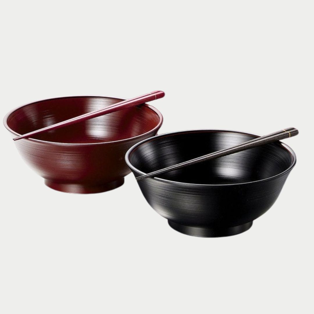 鉢/丼/刷毛目ペアらーめん鉢　箸付(黒／銀朱)KZ3317