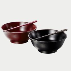 鉢/丼/刷毛目ペアらーめん鉢　箸付(黒／銀朱)KZ3317