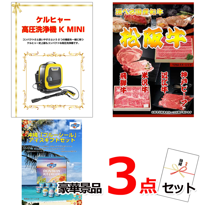 ビンゴ・イベントの景品はお任せ！ ケルヒャー高圧洗浄機＆選べる国産和牛＆ブルーシール豪華３点セット 【景品パネル＆引換券付き目録】15054