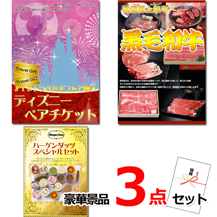 ビンゴ・イベントの景品はお任せ！ ディズニーペアチケット＆黒毛和牛＆ハーゲンダッツ豪華3点セット 【景品パネル＆引換券付き目録】15505