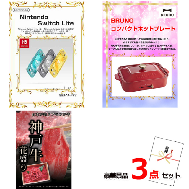 ニンテンドースイッチLite＆コンパクトホットプレート＆神戸牛花盛り豪華３点セット 【景品パネル＆引換券付き目録】14014
