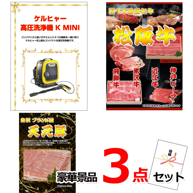 ビンゴ・イベントの景品はお任せ！ ケルヒャー高圧洗浄機＆選べる国産和牛＆米沢天元豚豪華３点セット 【景品パネル＆引換券付き目録】15053
