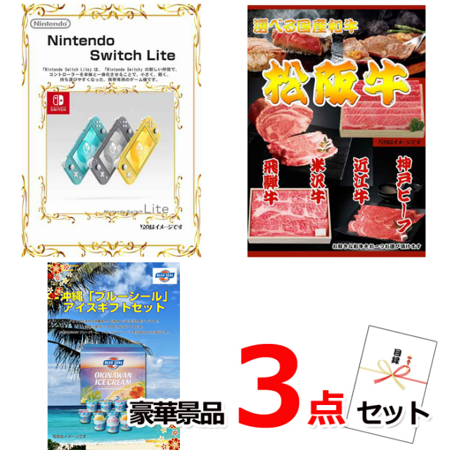 忘年会・新年会のビンゴ景品はお任せ！ ニンテンドースイッチLite＆選べる国産和牛＆ブルーシール豪華３点セット 【景品パネル＆引換券付き目録】15065